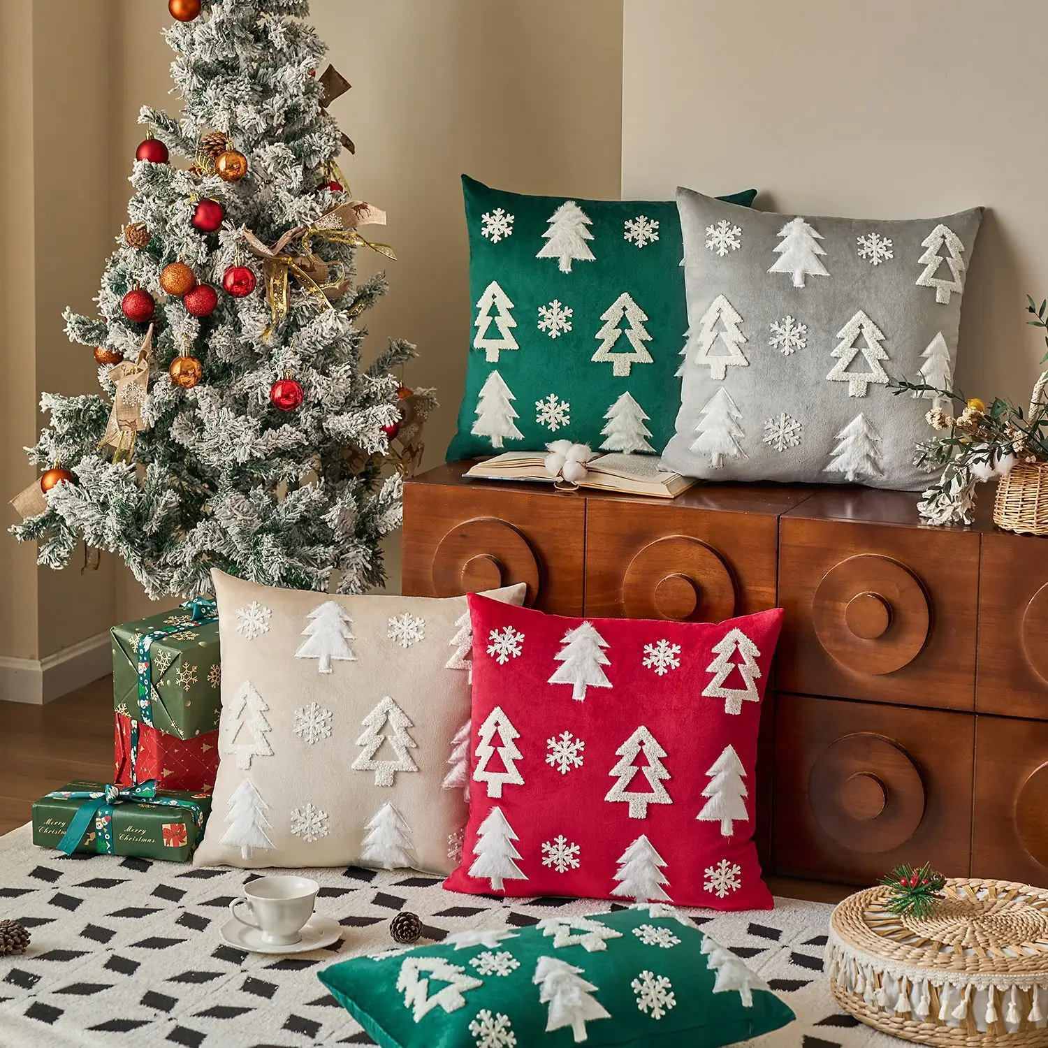 Green Christmas Cushion Covers Embroidery Xmas Trees Decorative Lumbar Throw Pillow Cover Winter Holiday for Sofa Living Room