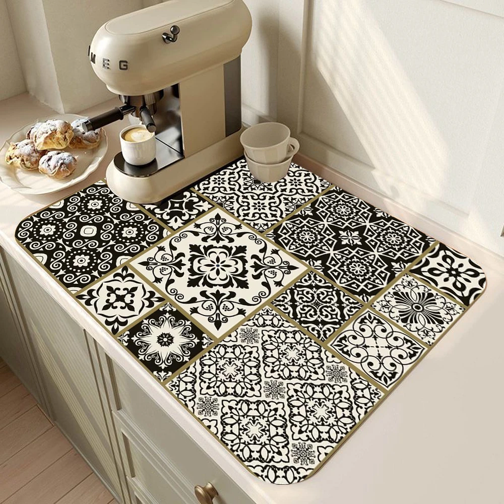 Retro Patterned Kitchen Countertop Mat Restaurant Drain Absorbent Pad Anti Mold Quick Drying Pad Non Slip Placemat Home Decor