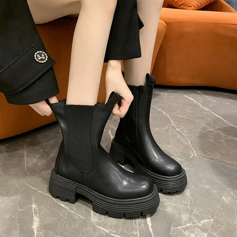 Fashion Mid Calf Boots Winter Autumn Slip on Warm Shoes for Women Shoes Hoof High Heels Leather Solid Modern Boots Zapatos Mujer