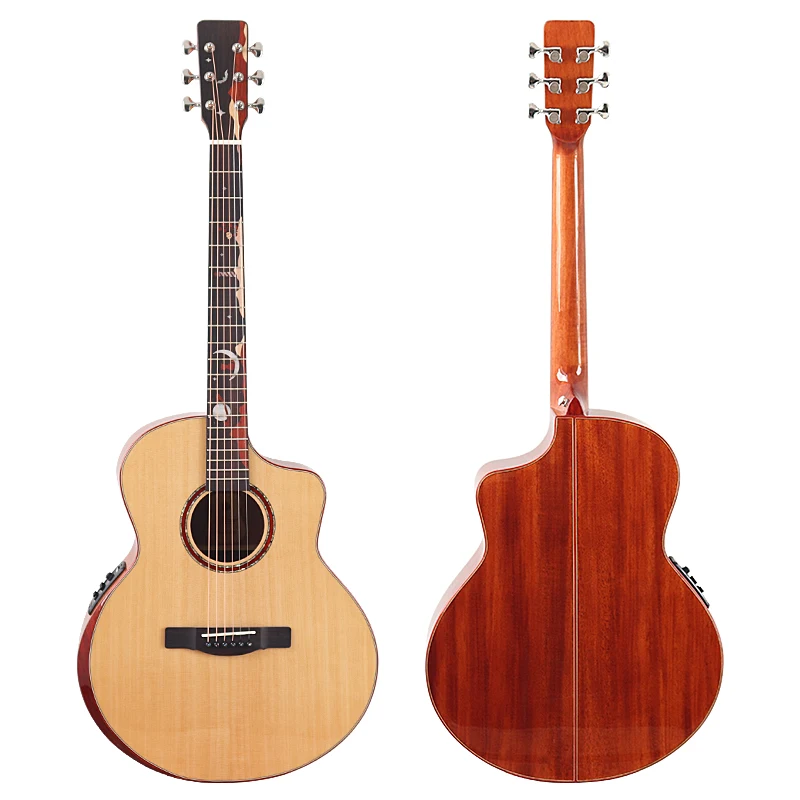 

40-дюймовая глянцевая 6-струнная электрическая акустическая гитара натурального цвета, верхняя часть из цельного ели и дерева, народная гитара с угловым радиона