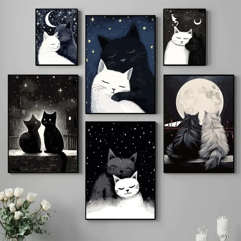 1pc frameless The Moon Poster and Prints Lovely Black and White Cats Embrace Under Canvas Wall Art Picture for Living Room
