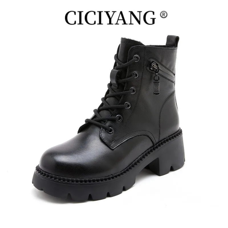 

CICIYANG Short Boots Women Genuine Leather 2023 New Winter British Style Women Ankle Boots Platform With Fur Marton Boots Women