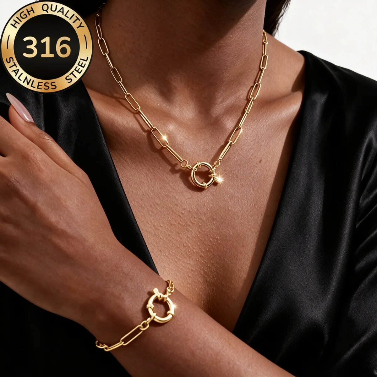 Spring Sailor Verschluss Halskette Armband Damen Schnallen-Choker Edelstahl Paperclip-Gliederkette Collier PVD Goldene Schmucksets