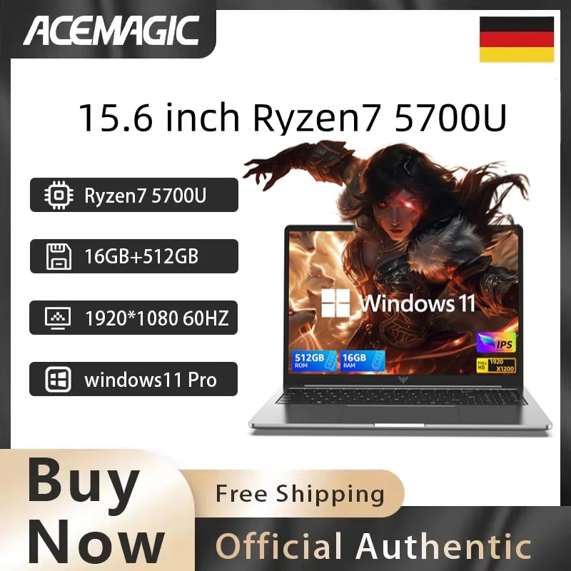 ACEMAGIC Portátil FHD de 15.6 Pulgadas, AMD Ryzen 7 5700U, 16GB DDR4, 512GB SSD, Windows 11 Pro, Ligero, para Juegos, Negocios y Estudiantes
