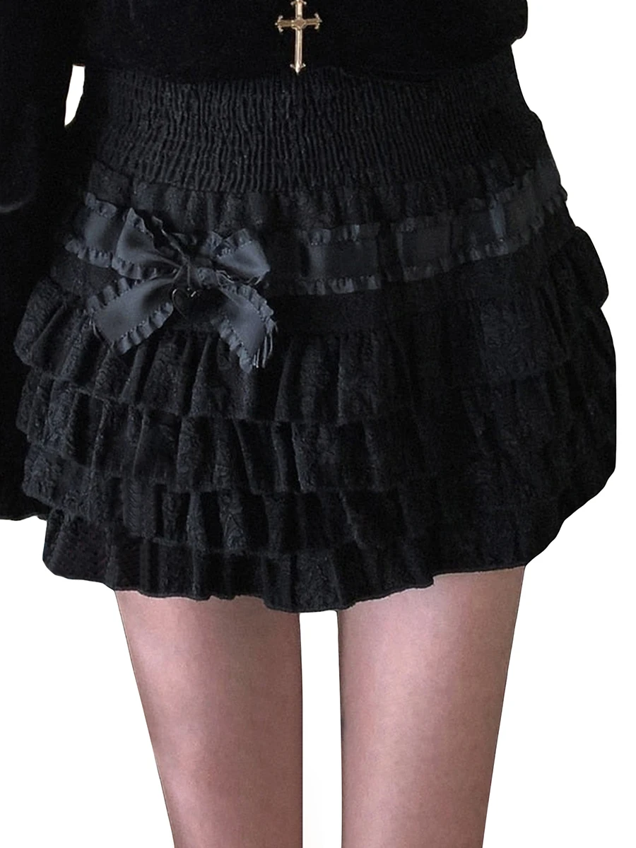 Women s Lolita Mini Skirts Cute High Waist Side Bow Layered Ruffle Hem A-Line Skirts Short Skirts