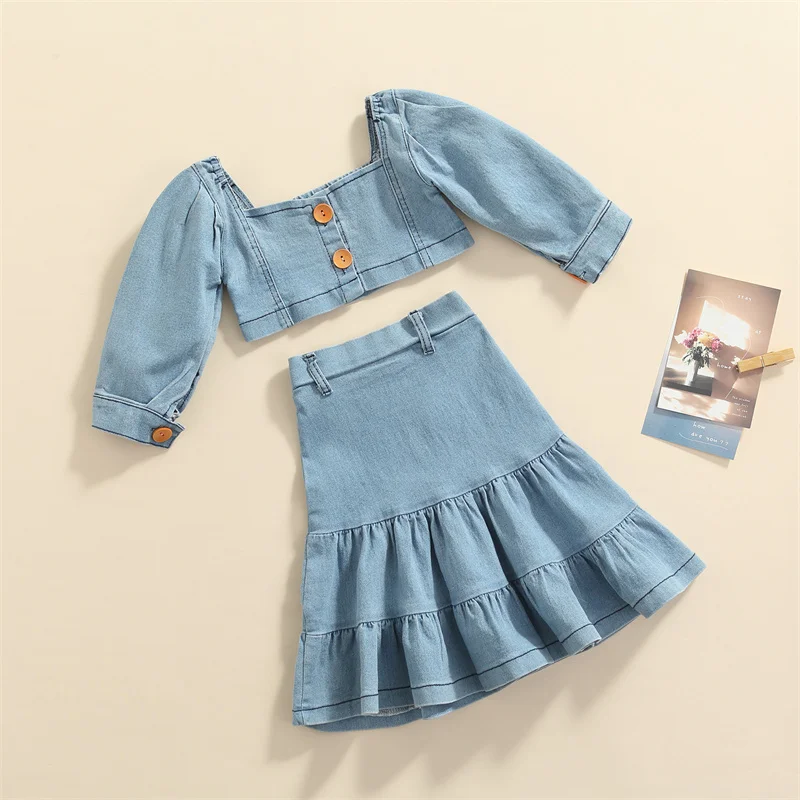 Set pakaian anak perempuan, atasan Crop Denim kancing bawah lengan Puff panjang warna polos + rok lipit 2 potong