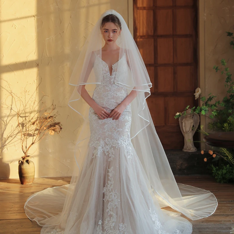 

Свадебный головной убор V395-1: длинная фата для невесты, белая, двухслойная, с кружевной отделкой, 3-метровый шлейф, удобная для путешествий, пушистое покрывало для лица