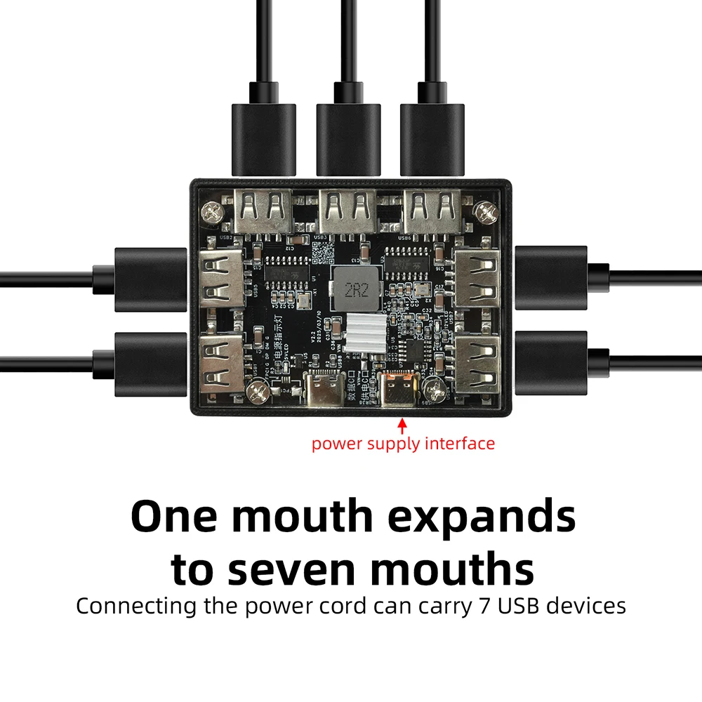 USB HUB USB2.0 1 to 7-port Controller Expansion Module Dual Type C USB 2.0 to 7 Channel Way Splitter 40W USB-HUB Extender Board