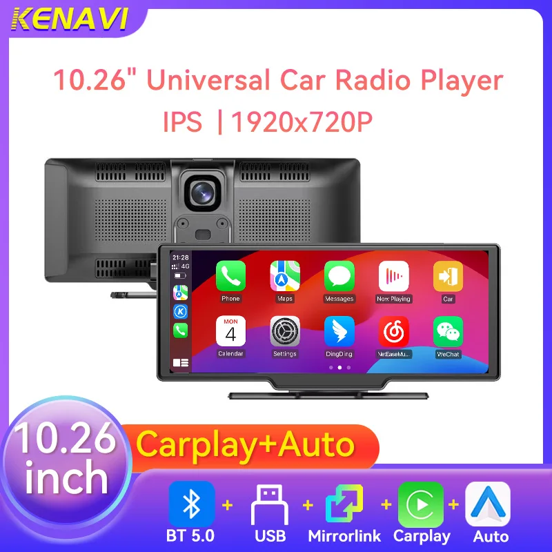 10.26 Inch Universal Dashboard Monitor Car DVR Dashcam Wireless Carplay Android Auto BT5.0 AM FM RDS TF AUX Audio Video Recorder
