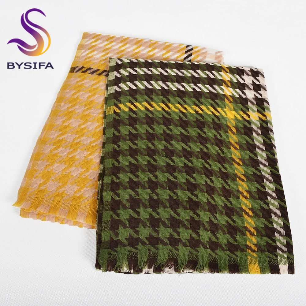 Green Yellow Plaid 100% Wool Scarves Pashmina Thicken Women Winter Soft Long Scarf Shawl Fashion Short Tassel Warm Neck Scarf