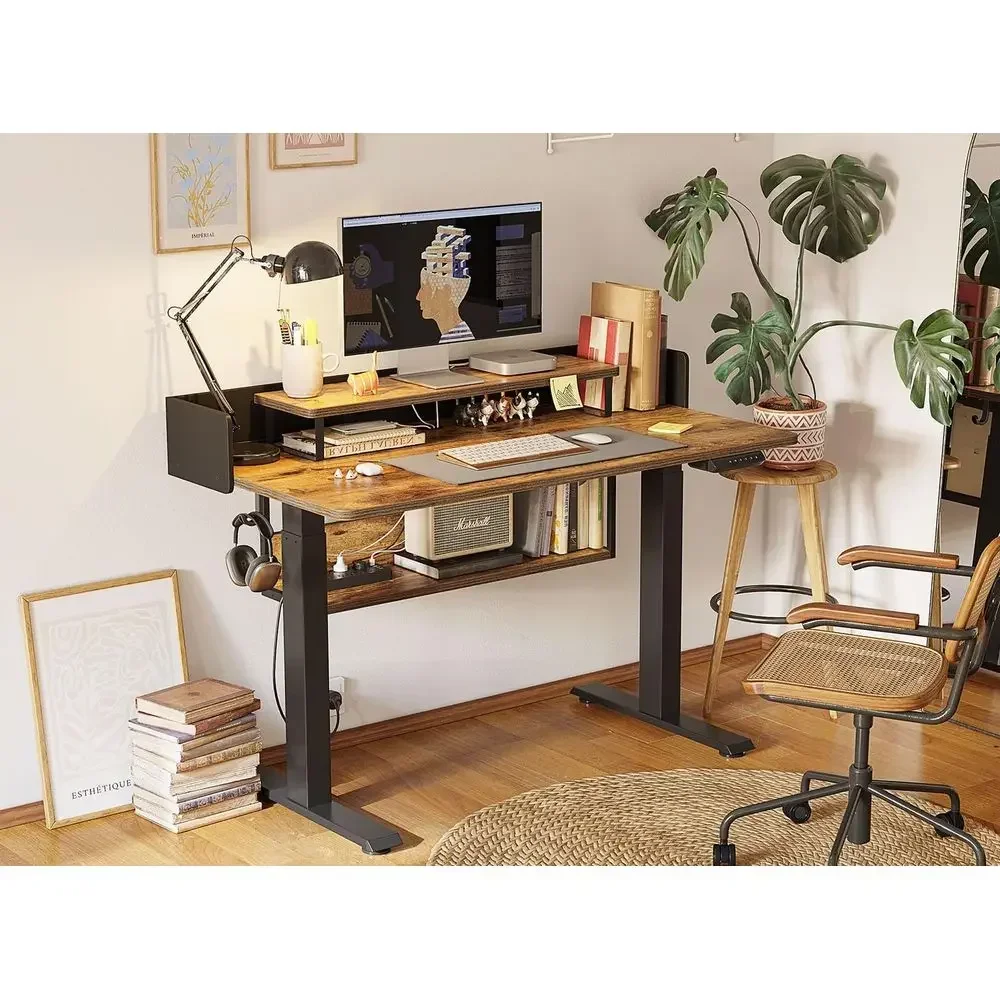 55 Adjustable Height Desk with Shelves, 55x24 Rustic Brown Stand-Up Workstation