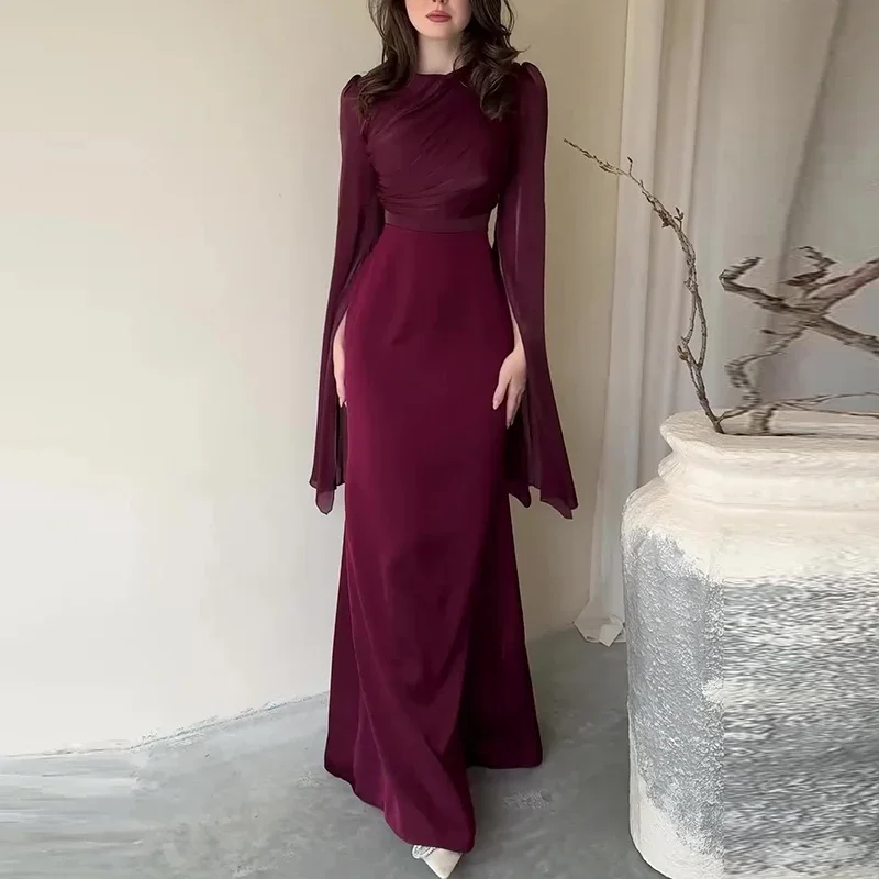 Satin Solid Robe Dress Ladies Temperament O-neck Slim Evening Dress Elegant Batwing Sleeves High Waist Pleats Long Dress