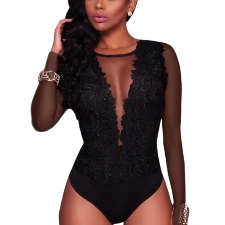 

Women Sexy Lace Bodysuit Jumpsuit See Through Mesh Sleeveless/Long Sleeve Tops Swimsuit for Party Outfit