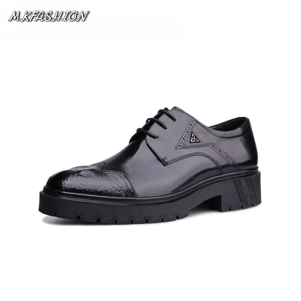 British Genuine Leather Business Formal Thick Sole Oxford Shoes Trendy Crocodile Pattern Men Dress Shoes