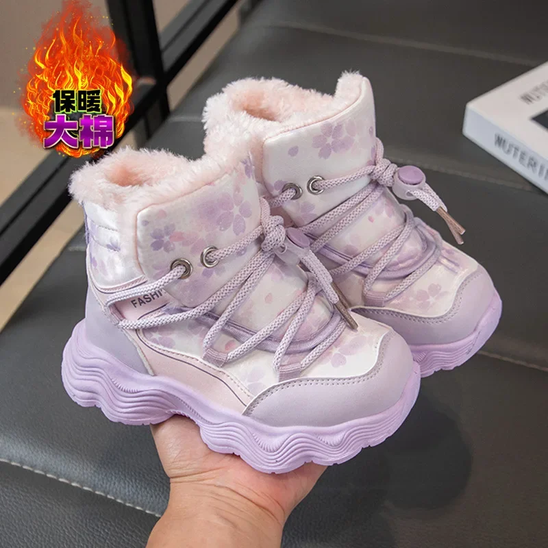 

2025 Winter New Kids' Printing Cotton Boots for Girls Fleece Lined Thickened Waterproof Snow Boots Warm Short-Style Footwear