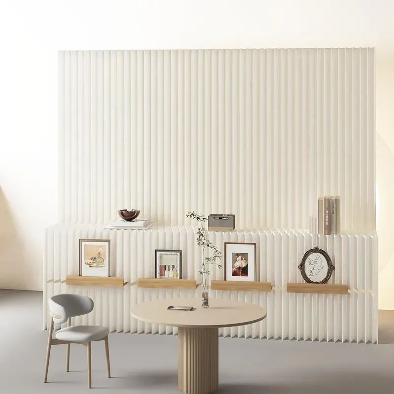 Foldable Paper Room Divider with Display Shelves Portable Partition Wall Freestanding Panel Screen with Wooden Inserts 2Tier