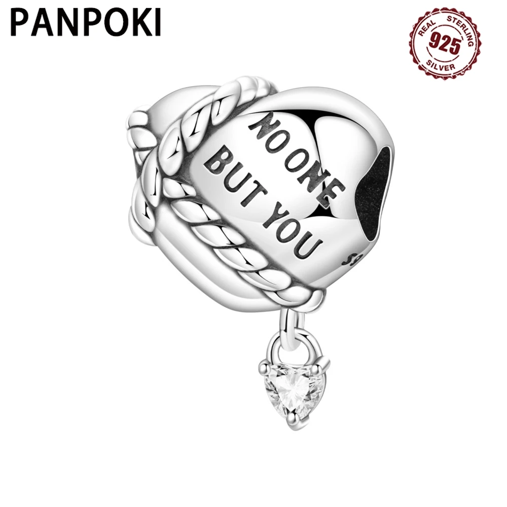 PANPOKI 925 Sterling Silver Heart Shaped Twisted String Original Pendants Bracelet Charms Jewelry Party Beads DIY Trendy Gifts