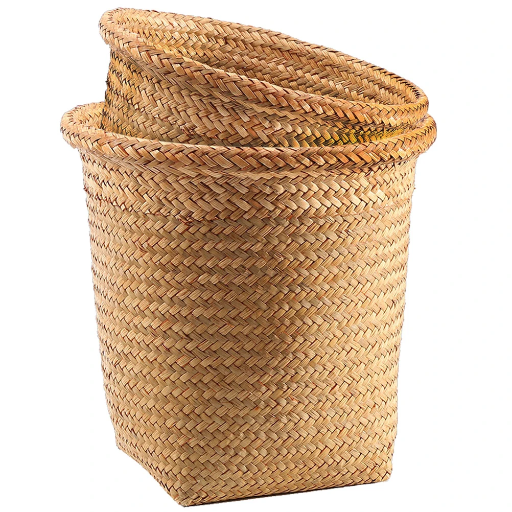 

2 Pcs Woven Trash Can Handmade Storage Basket Willow Waste Bin Straw Material Large Mouth Multi Function Toy Clothes Bedroom