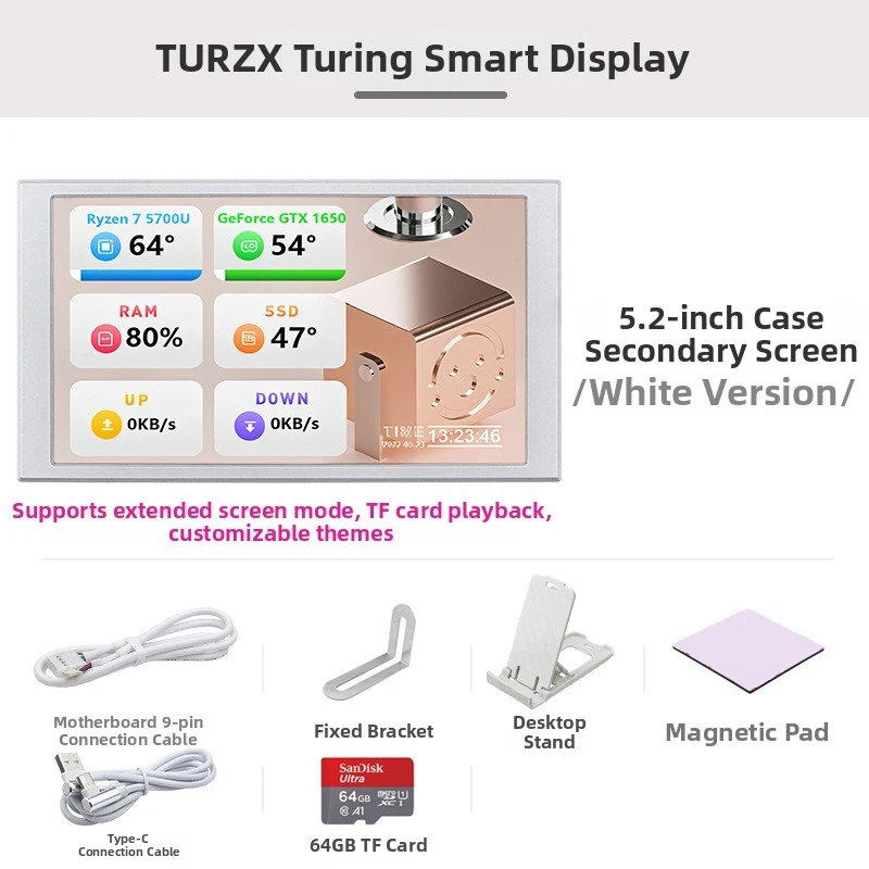 شاشة TURZX Turing الذكية مقاس 5.2 بوصة من النوع C USB المحمولة IPS شاشة مراقبة ثانوية لهيكل LCD بمنظور كامل