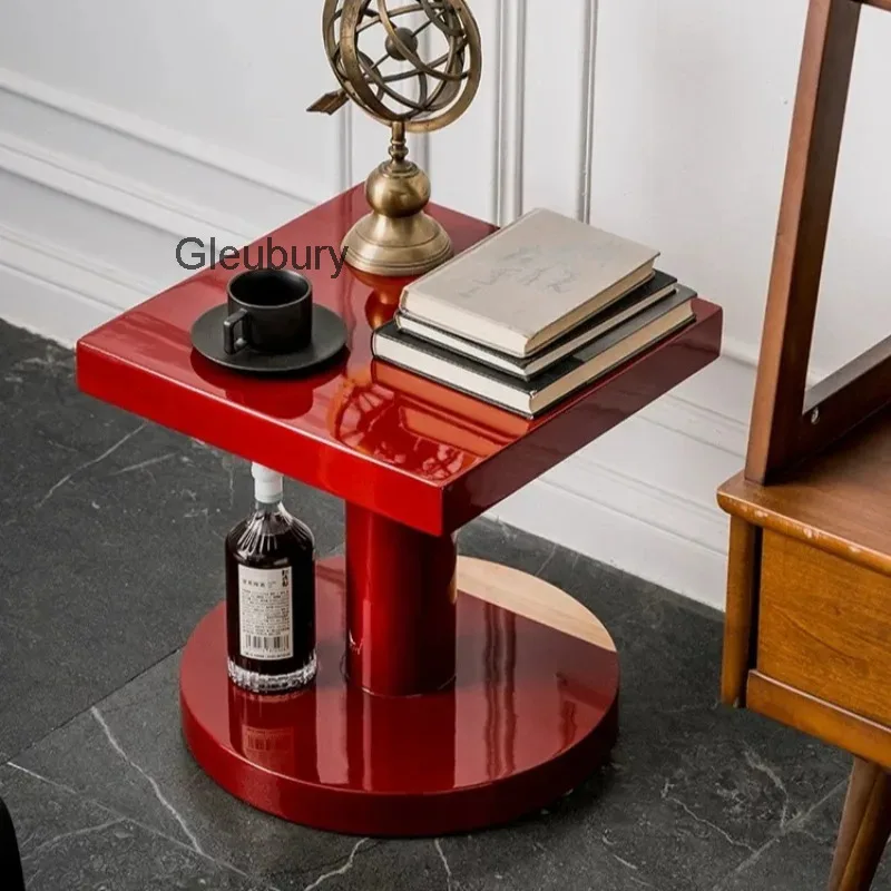 Modern Retro Side Table Glossy Lacquer Square Top Cylindrical Pedestal Round Base End Table Living Room Furniture