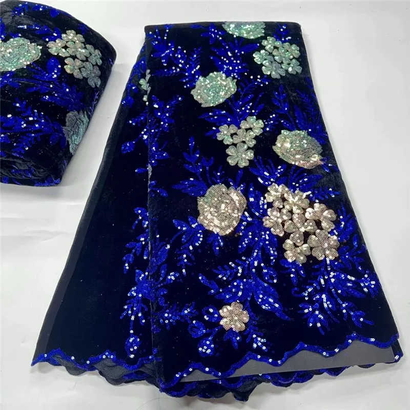 African Lace Fabric With Sequins Embroidery 2022 High Quality French Velevt Lace Material For Nigeria Wedding Royal Blue