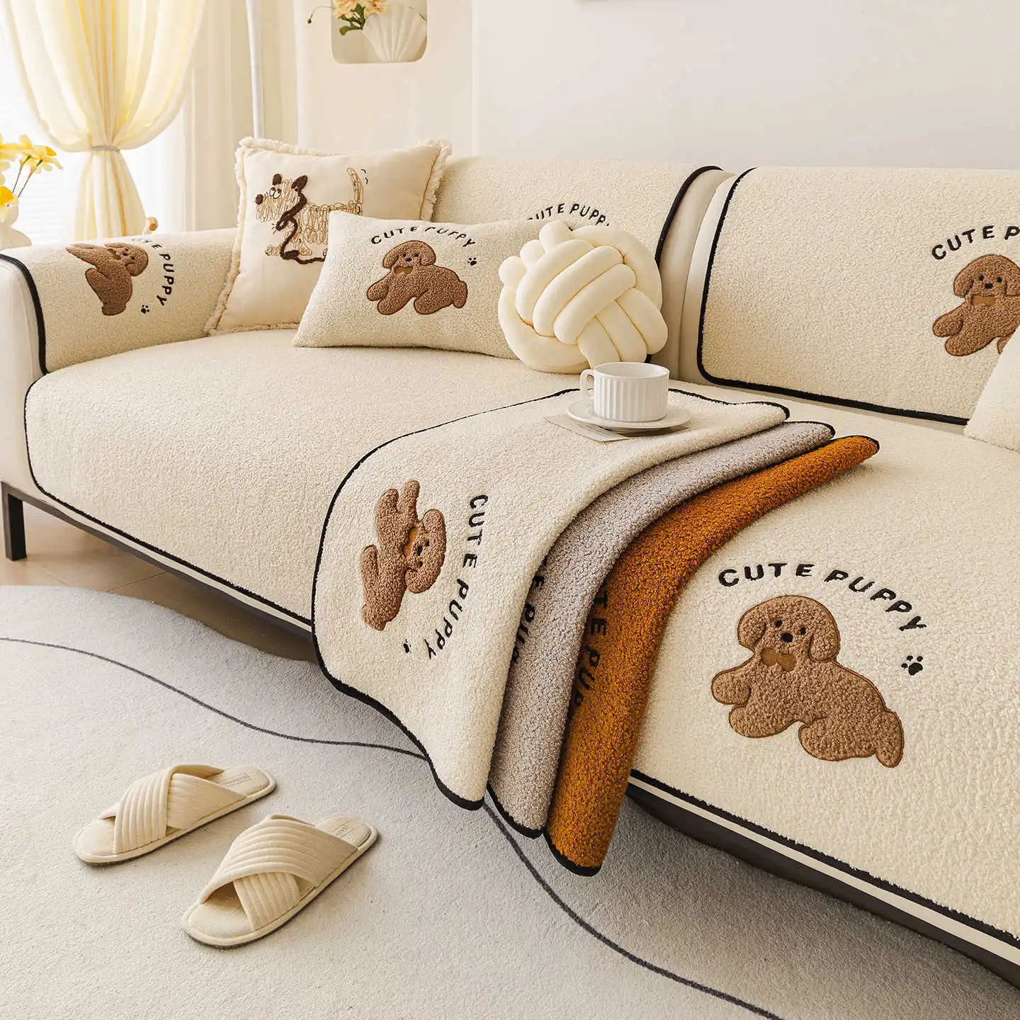 

Cartoon Puppy Patchwork Embroidery Sofa Cover Lamb Velvet Anti-slip Seat Cushion Pad Dust Slipcover Adjustable Backrest Towel