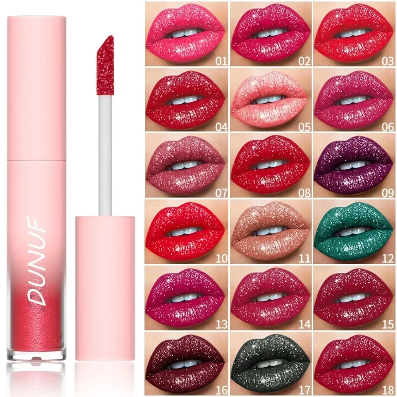 Rossetto lucido con diamanti a 18 colori, opaco, perlato, scintillante, smalto per labbra, duraturo, impermeabile, colore ricco, rossetto glitterato