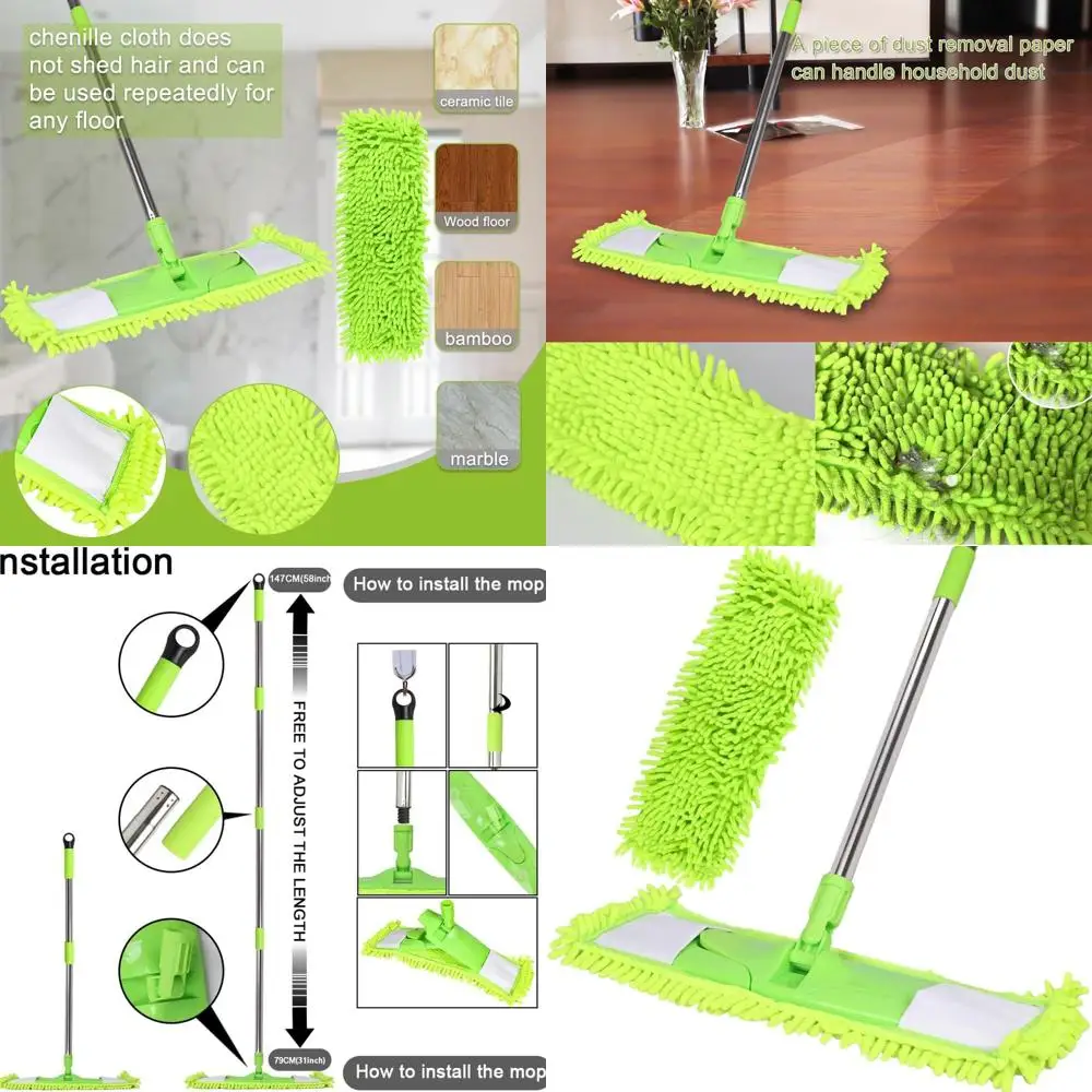 

Adjustable 58 Chenille Dust Mop with 2 Washable Pads for Wet/Dry Cleaning on Hardwood, Laminate, Tile, Marble - Green