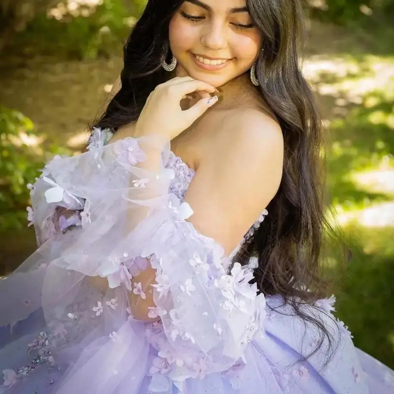 أنيق حبيبته ثوب الكرة ، فساتين Quinceanera ، أكمام منتفخة قابلة للفصل ، زخارف زهور ثلاثية الأبعاد ، زهرة حلوة 16 فستان ، 15 سنة