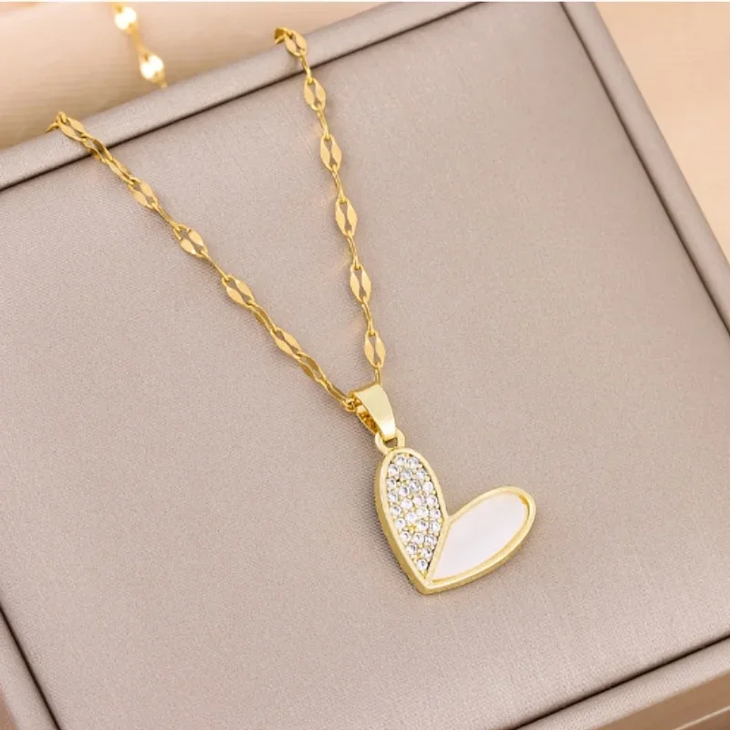 1 simple titanium steel necklace, 18k gold-plated shell heart-shaped zircon ladies student necklace