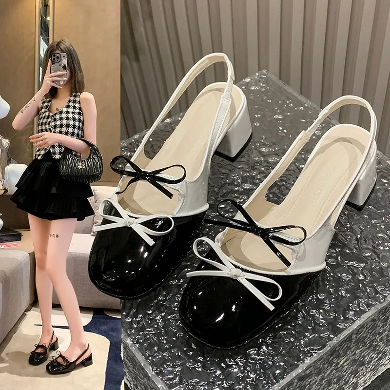 New Fashion Sandals Mid-heel Square Shoes Children Bun Head Double Bow Chunky Heel Mary Jane Single Shoe Tide