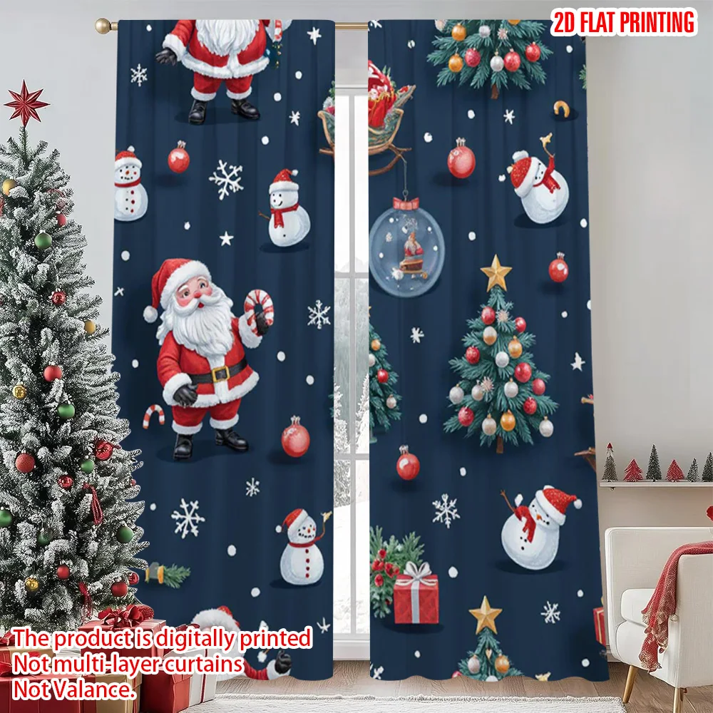 

2pcs 2D flat printing Merry Christmas Popular Party Window Curtains Blue Cartoon Santa Claus Versatile Polyester Without
