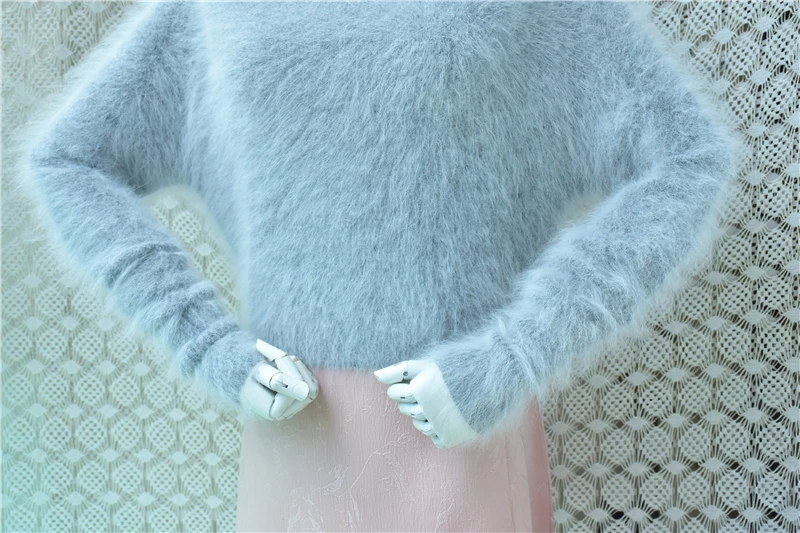 Women Mujer Autumn Winter Clothing Hairy Angora Rabbit Hair Knitted Turtleneck Crop Top Slim Mink Fur Sweater Jumper Pull Tops view 5