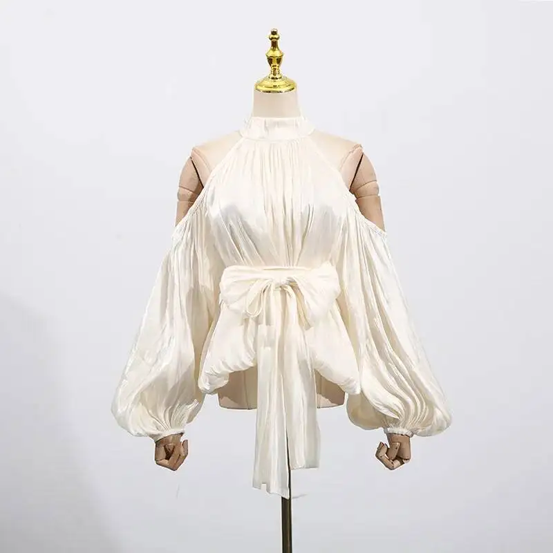 HKSH Women Shirt Pleated Solid Color Halter Neck Off-shoulder Puff Sleeves Urban Elegant High-end Trend Casual Top Summer HK5514