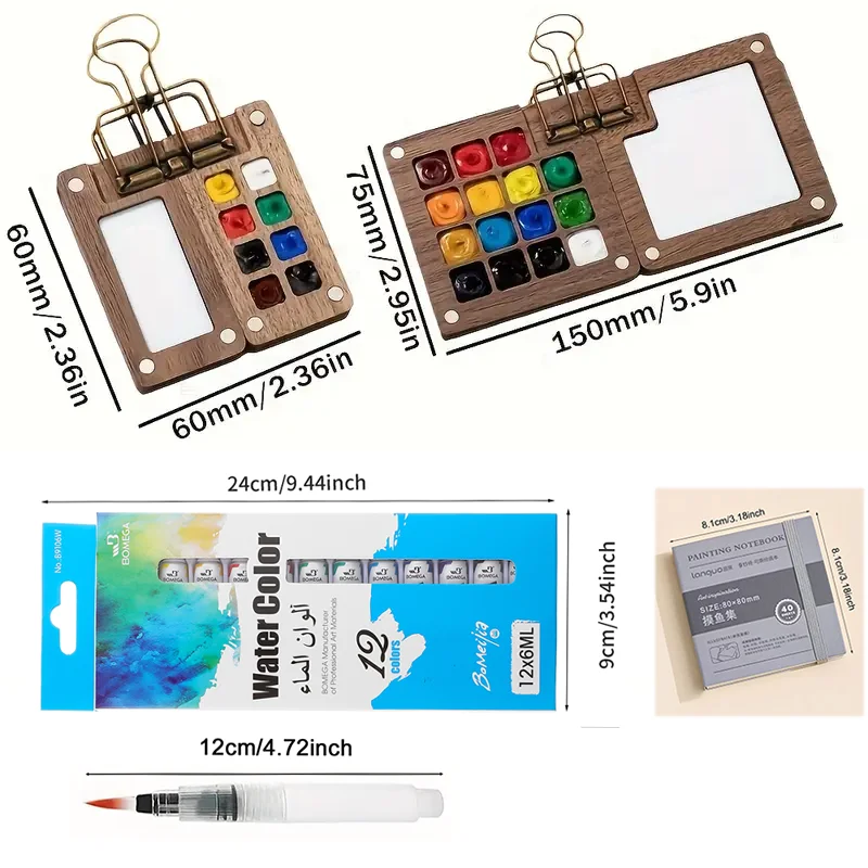 15/8-Fächer-Farbpalette, 1 Pinsel und ein Aquarell-Skizzenbuch, 12 Farbpigmente, 1 Klemme – perfekt für Kunst unterwegs – Detail 3