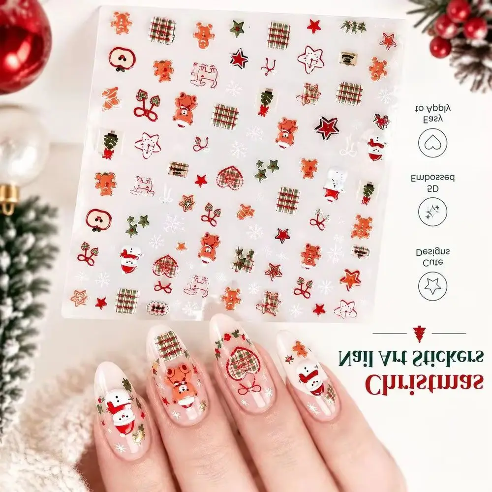 1Pc 5D Relief Romantic Nail Stickers Christmas Tree Gift Box Plaid Snowflake Adhesive Decals Manicure Stickers Accessory Set