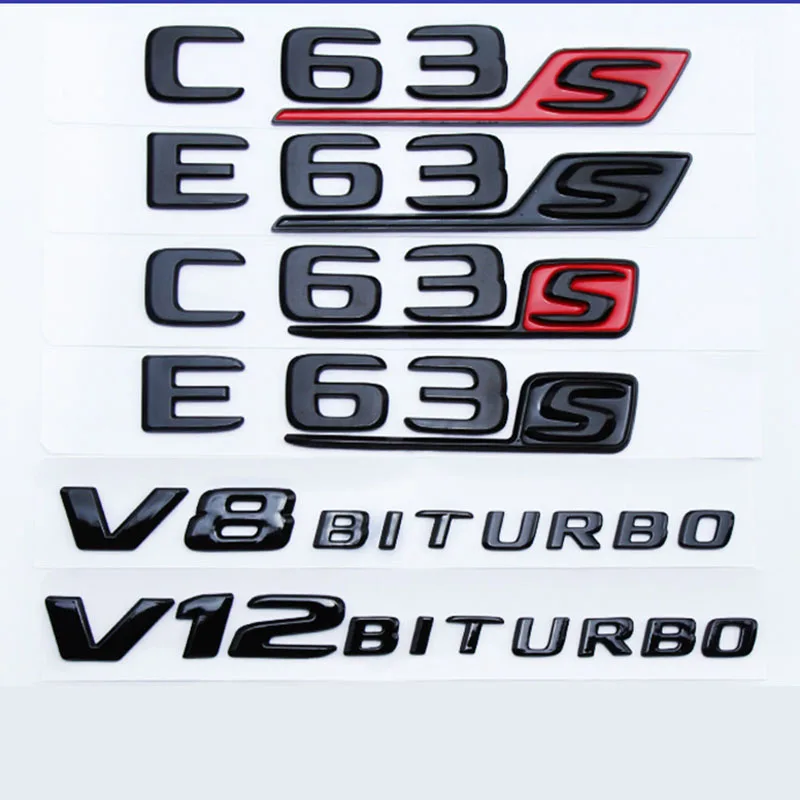 

ABS Flat Bright Black Car Logo Fender Side Emblem Trunk Badge Sticker C63 C63S E63 E63S V8 V12 BITURBO Styling For Mercedes Benz