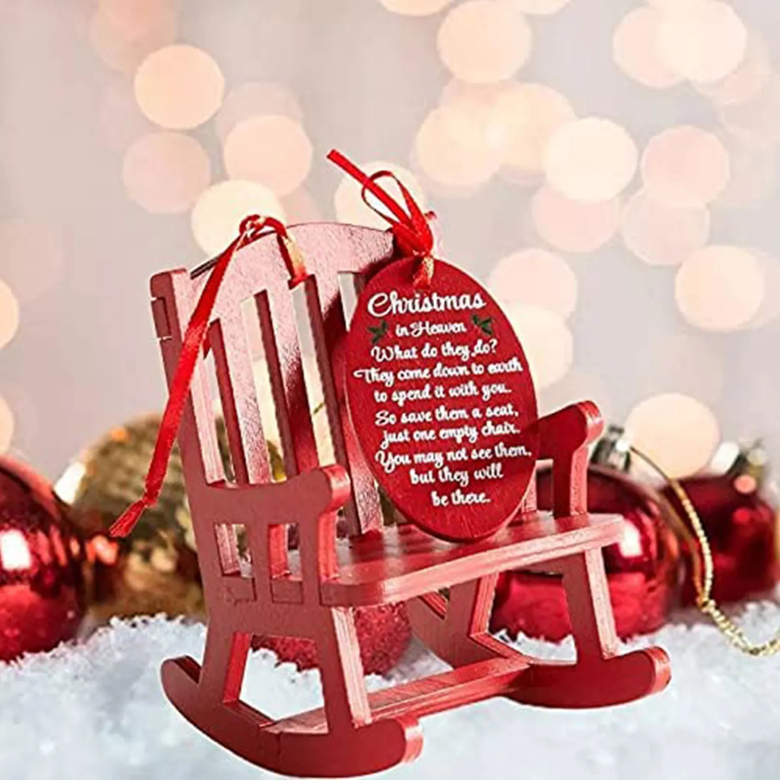 Christmas Heaven Memorial Ornament Mini Wooden Rocking Chair with Hanging Rope for Xmas Tree Hanging Decor