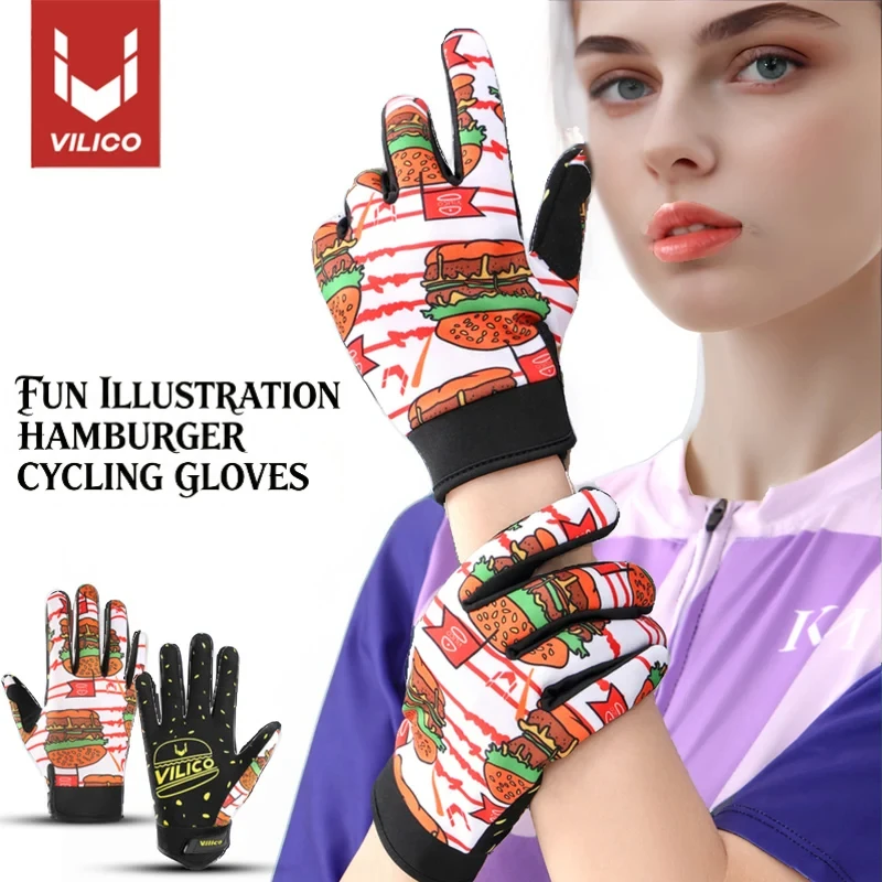 Wear Resistant Breathable Cartoon Graffiti Burger Bike Gloves Non-Slip Shock Absorb Full Finger Dirt Biker MTB Cycling Gloves