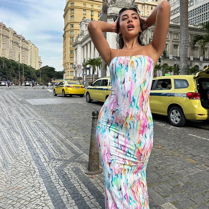 

Tube Slit Dress Women Summer Irregular Colorful Print Elegant Sexy Skinny Party Midnight Club Maxi Bodycon Dresses