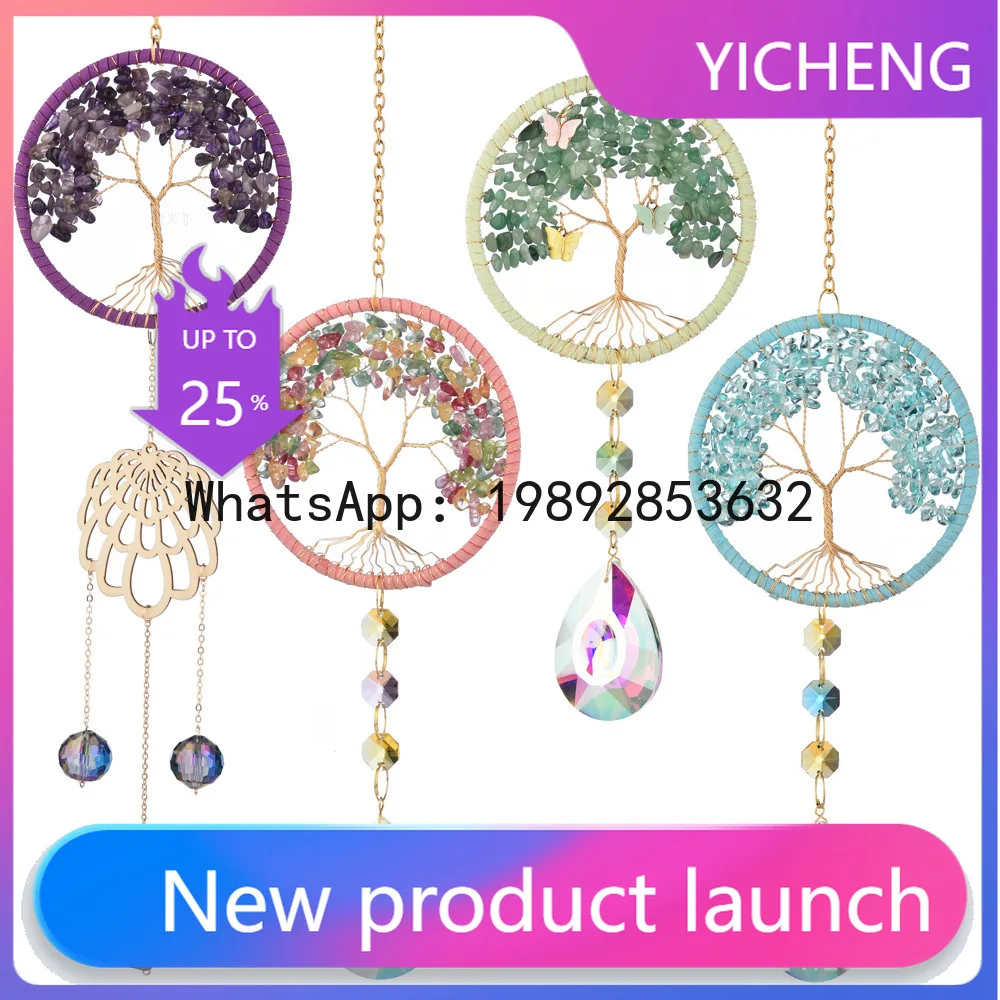 PYJ new four-color natural crystal tree of life sun catcher crystal wind chime home decoration pendant