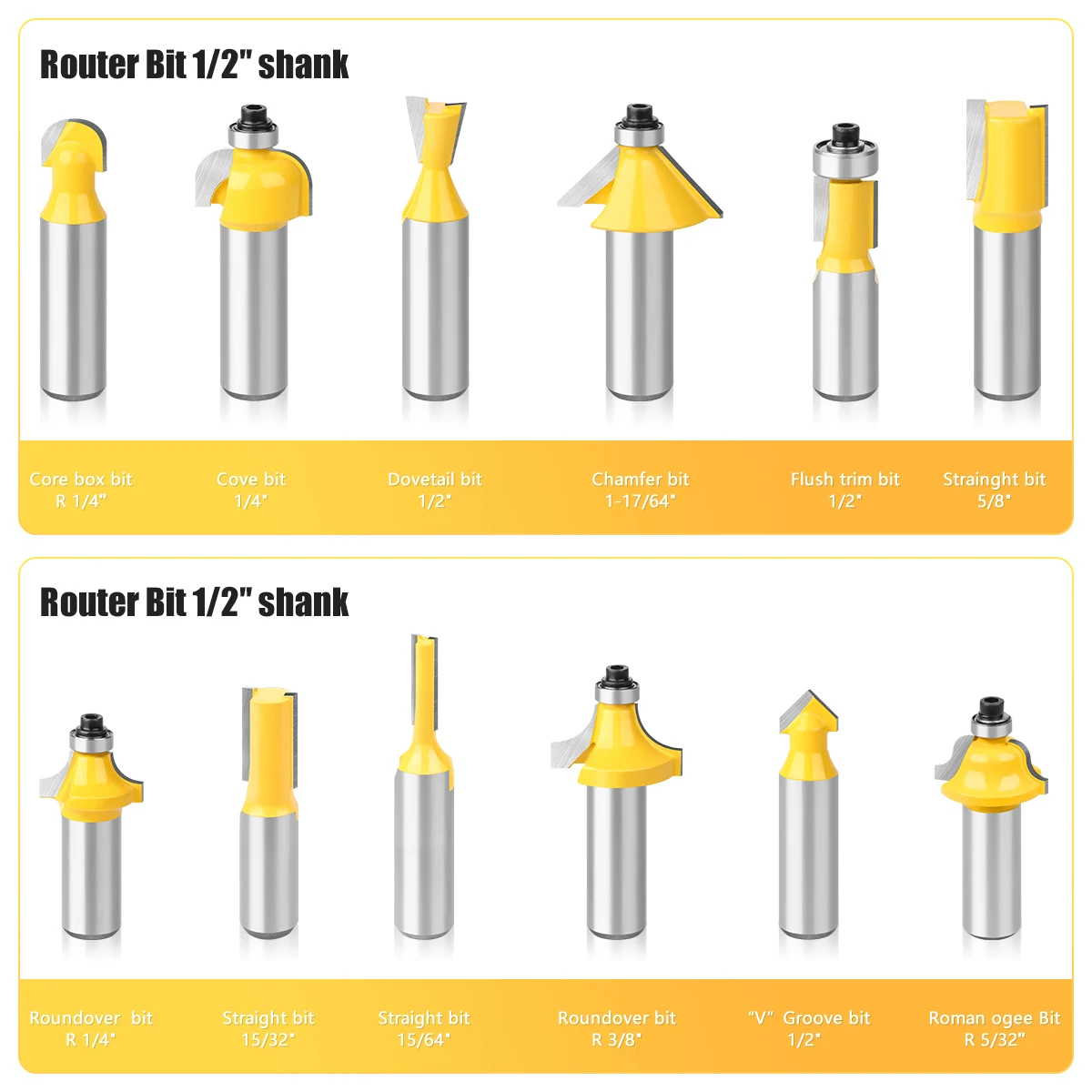 12 pz 1/4in 1/2in 6mm 8mm Shank Router Bit Set strumenti per la lavorazione del legno frese frese taglio angolo dritto punte per perline