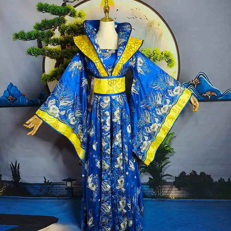 Ancient China Hanfu Sequins Navy Blue Embroidered Featured Clothing Queen Costume Emperor 's Noble Consort Performance Apparel