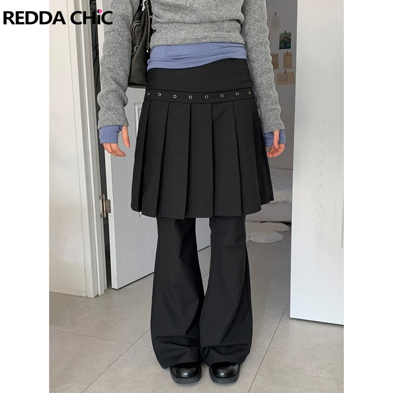 

ReddaChic Women Pleat Skirt Black Pants Big Size Solid Fake Two-piece Eyelets Low Waist Wide Leg Lounge Pants Minimalist Clothes