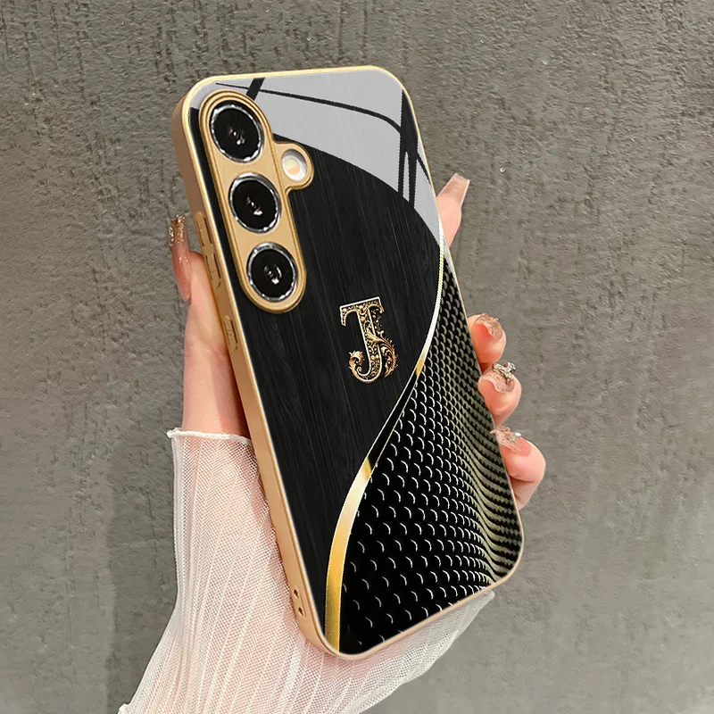 Premium Wood Grain Letter J Pattern Glass Phone Case Suitable for Samsung Galaxy S26/S25/S24/S23/S22/S21 and other models