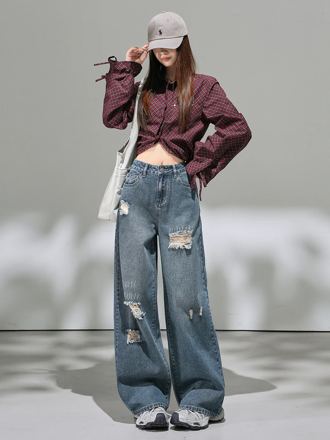 

American Sle Vintage Hole Denim Pants Women's Spring Autumn New Small Size Floor-Length High Waist Drape XXS Wide Leg Pants
