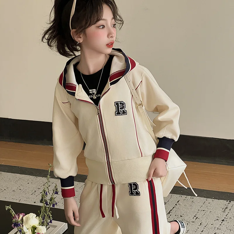 2024 autumn girls Clothes Children set zipper Sports Suit Teen tracksuit hooded jacket + striped pants 4 5 7 8 10 11 12 years