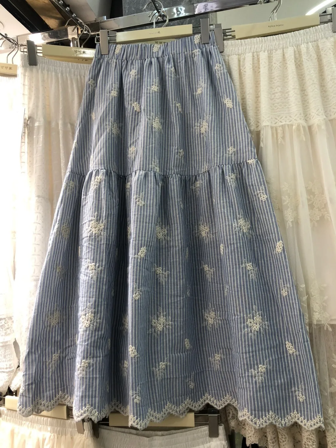 

Весна 2026: Новая женская юбка А-силуэта средней длины с синими полосками, вышивкой и кружевной отделкой по низу, омолаживающая образ