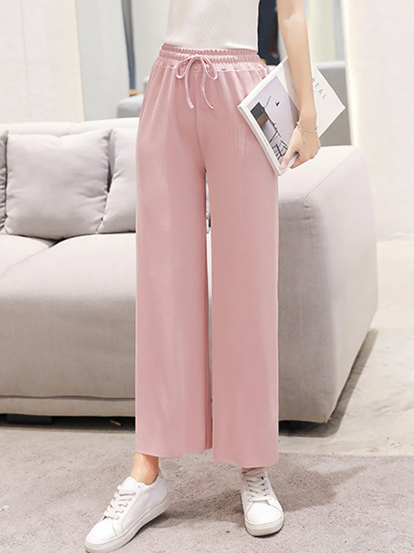 woman popular ice silk Capris Pants wide leg pants women summer high waisted lazy comfortable extended high stretch casual pants
