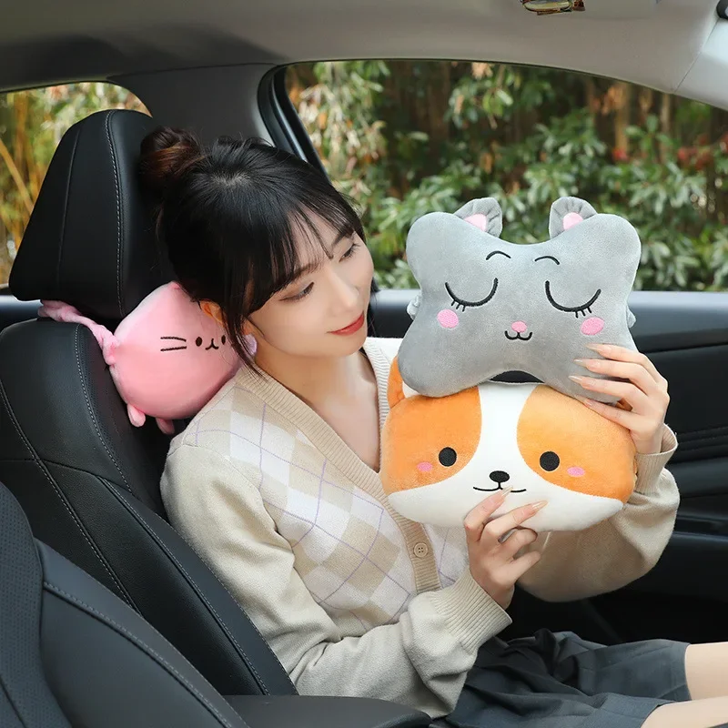 1 Pair Cartoon Cute Cat Car Seat Headrest Plush Pad Safety Pillow Creative Corgi Car Neck Pillow Kawaii Car Accessories Interior